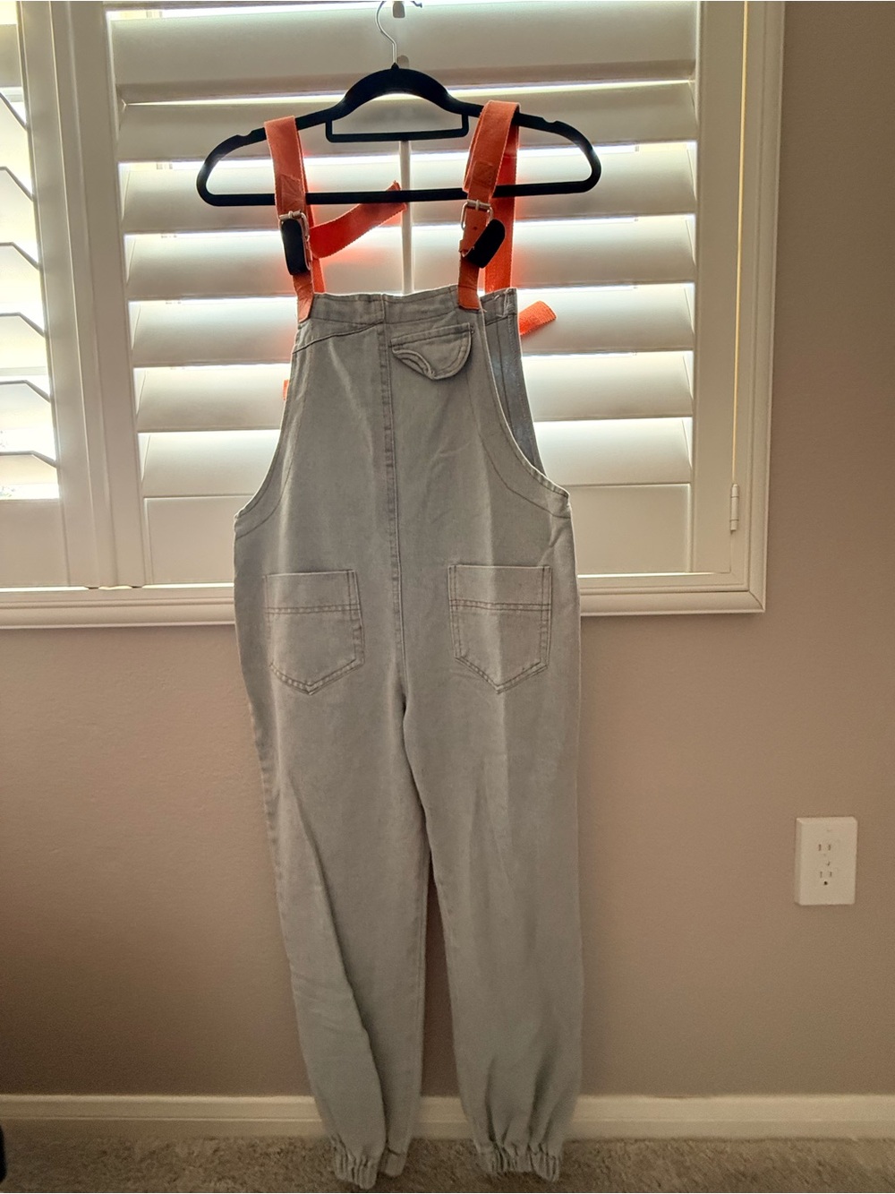 Light Wash Denim Overall Jogger Jumpsuit with Coral Straps